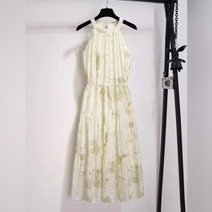 Elegant Green Patterned Loose-Fit halter Dress - Fits XS to S